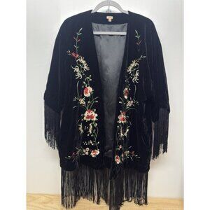 REBA‎ Black Suede Velvet Embroidered Fringe Western Jacket Kimono Rodeo Size S/M